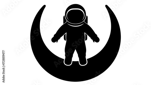 Astronaut silhouette standing on a crescent moon, a symbol of space exploration and cosmic dreams