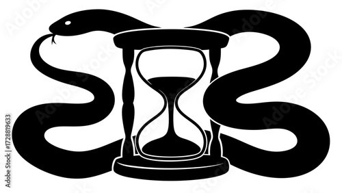 Serpent entwines hourglass symbolizing time passing, transformation, and ancient wisdom