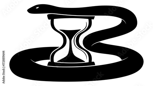 Ouroboros snake coils around hourglass symbolizing eternity, time's passage and cycles of renewal