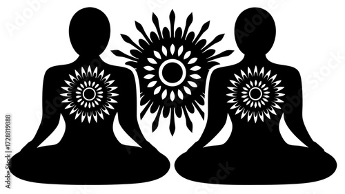 Two figures meditating with floral energy patterns, promoting peace, balance and wellness