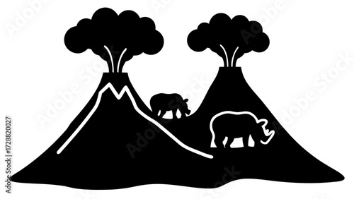 Majestic rhinos roam volcanic landscapes with erupting mountains and lush tree tops