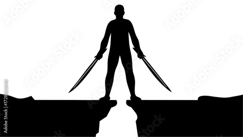 Determined warrior poised with dual swords on cliff edge, ready for action