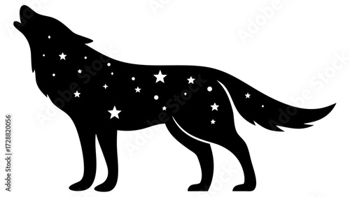 Stunning black wolf silhouette howling at the night sky filled with sparkling stars, perfect design