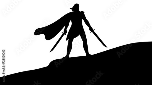 Warrior silhouette standing strong on hilltop holding swords with flowing cape, ready for battle