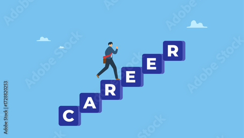 Confident businessman running fast on career stairway rising up to achieve success. Career development, personal development or job promotion, work experience and responsibility growth.
