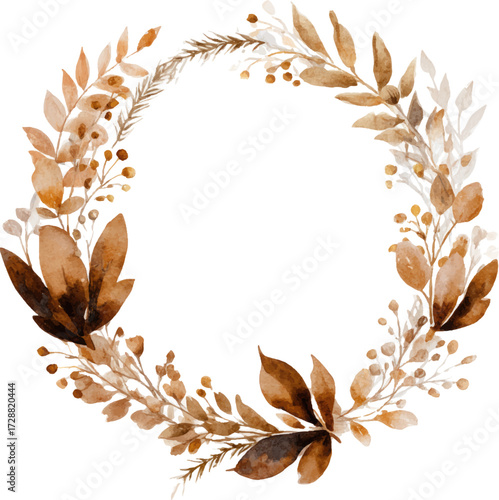 Watercolor autumn wreath on a white background, with muted brown and gold tones.