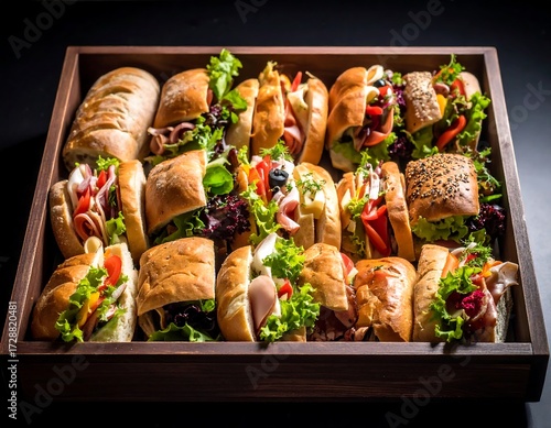 Assorted sandwiches in a wooden tray