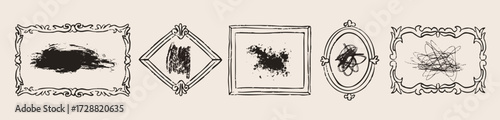 Grunge abstract brush strokes in picture, photo frames. Different shapes, ornaments. Contemporary art, elegant style. Hand drawn trendy Vector illustration. Isolated design elements
