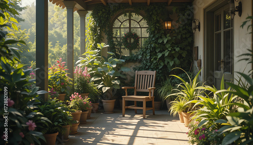 beautiful garden corner with potted plants, wooden chair on a small veranda, soft sunlight