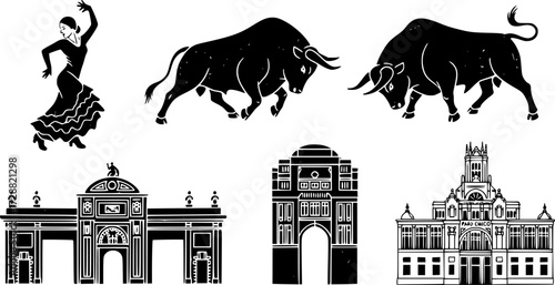 Handdrawn madrid icons featuring flamenco, bull, and famous landmarks