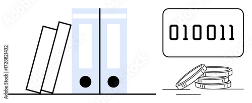Books and folders for documentation, binary code for digital data, and coins. Ideal for data storage, digital finance, bookkeeping, tech business, programming, accounting simple flat metaphor
