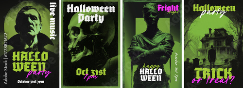 Vintage Halloween horror poster set with Dracula, skull, mummy, and haunted house