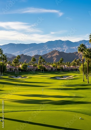 Scenic golf course landscape with palm trees and distant mountains, a relaxing leisure environment under a clear blue