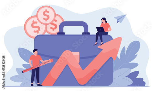 Business growth illustration with people measuring arrow and money for success concept 
