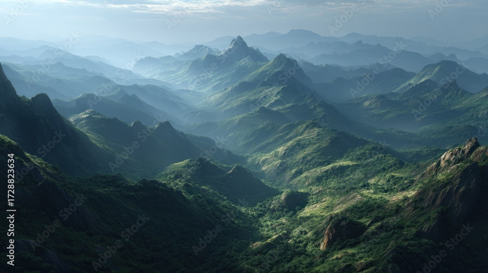 Naklejka premium Lush Green Mountain Range Displaying Atmospheric Perspective and Rugged Terrain