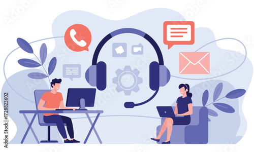 Customer support illustration with people using laptops and big headset icon 
