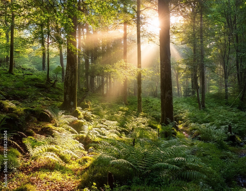 Obraz premium sunlight streams through a lush forest