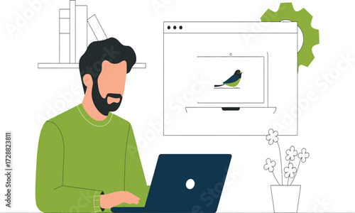 Illustration of man working on laptop with plant and screen for business concept 
