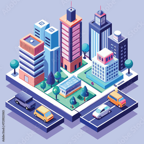 Isometric flat vector illustration of a modern city block with buildings and streets