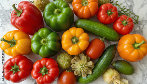 Bright and colorful peppers, tomatoes, and cucumbers on a marble countertop