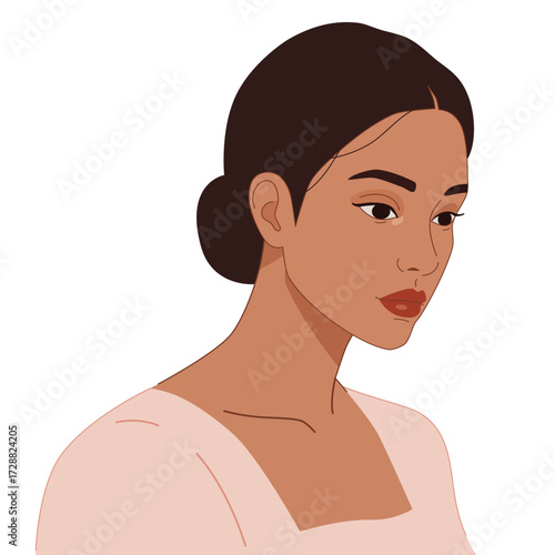 Portrait of a beautiful young woman with dark hair in a bun. Profile of a beautiful female character with a serious concentrated expression on her face.