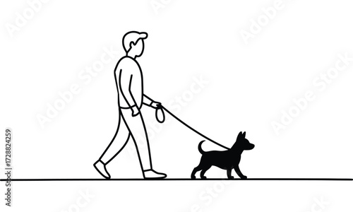 Minimal line art illustration of man walking dog with leash on white background 
