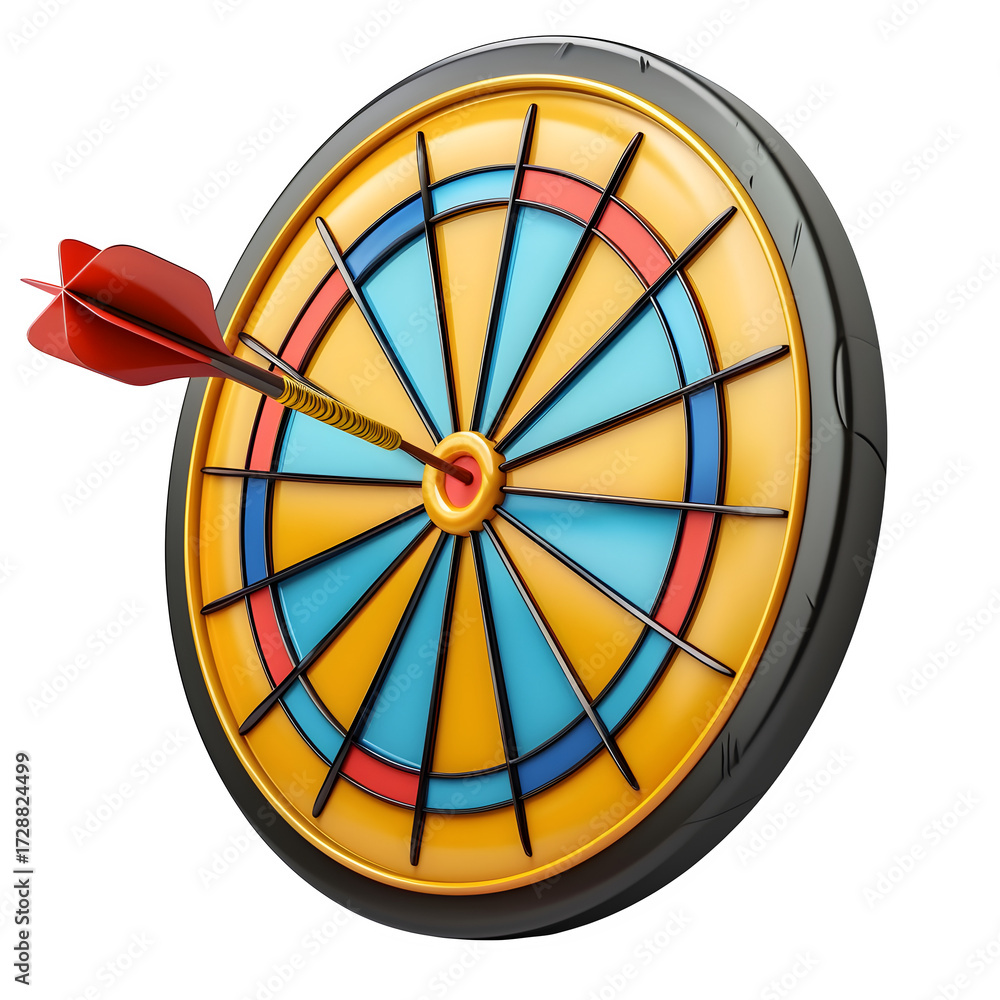 Obraz premium Red dart hitting bullseye on target, representing success, goals, achievement, and business strategy in a competitive market, with perfect accuracy Isolated to Transparent Background
