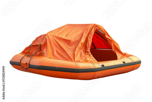 Survival life raft featuring durable protective canopy isolated on transparent background