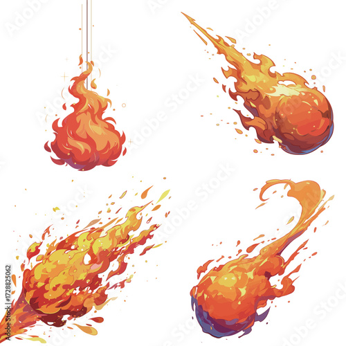 Colorful flames in multiple forms showcase energetic fire dynamics. Each flame displays unique shapes and motions, highlighting their vibrant hues and intensity.