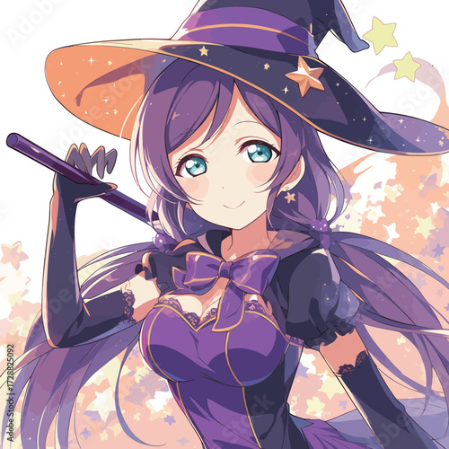 A cheerful witch stands confidently, holding a wand. She wears a vibrant costume with stars and has long hair, set against a dreamy backdrop full of magic.