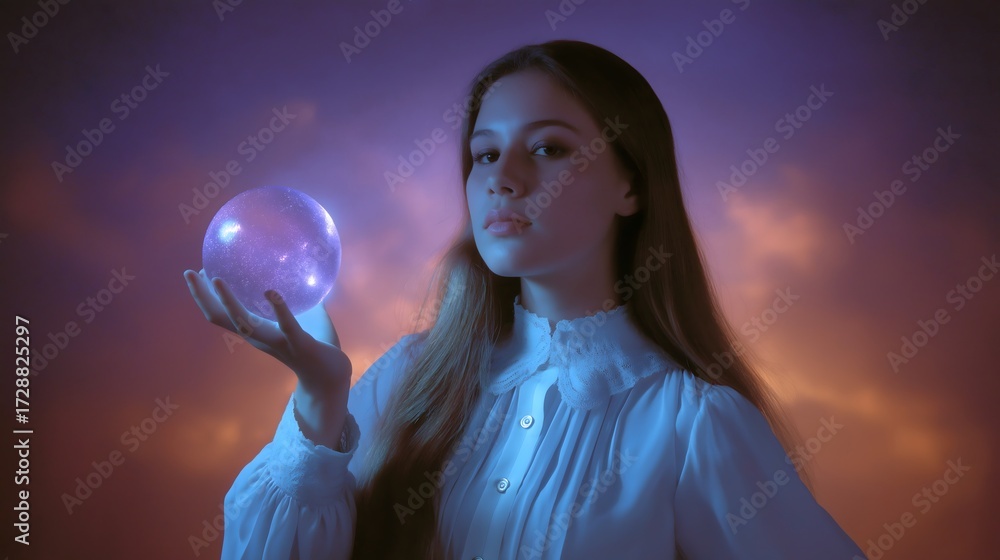 Naklejka premium Head-and-shoulders portrait of young woman holding glowing transparent sphere with soft gradient