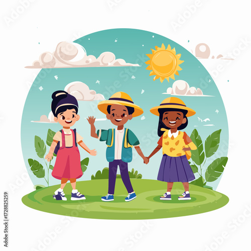 Three diverse children, two girls and one boy, smiling and holding hands in a sunny outdoor park setting, depicting friendship and childhood joy.