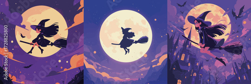 A young witch, dressed in a black outfit, soars on her broomstick across a glowing full moon. The night sky is filled with stars and silhouettes of bats, adding to the atmosphere.