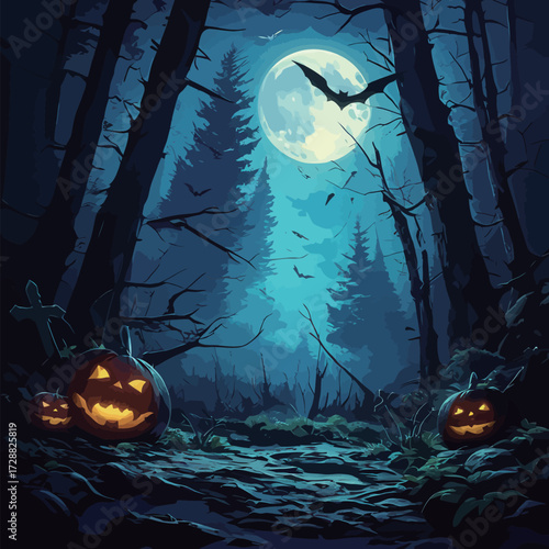 A dark forest path illuminated by a bright full moon. Carved pumpkins sit on the ground, creating a spooky Halloween atmosphere among the tall trees.