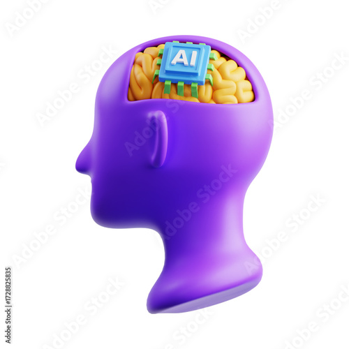 Artificial Intelligence / AI 3D artificial intelligence icon. Human head with brain and AI microchip, symbol of machine learning, neural network, and smart technology
