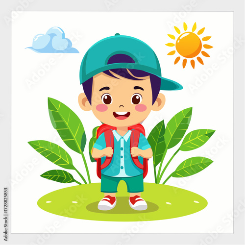 Happy cartoon schoolboy with a red backpack and green cap standing outside on a sunny day.