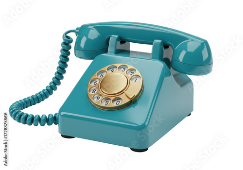 Isolated vintage teal rotary telephone classic communication device retro style old fashioned phone equipment antique object