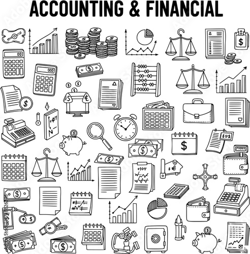 Hand-drawn vector icons: Accounting, finance, and business concept doodles. Collection of money, calculator, graph, balance, safe, and financial elements.