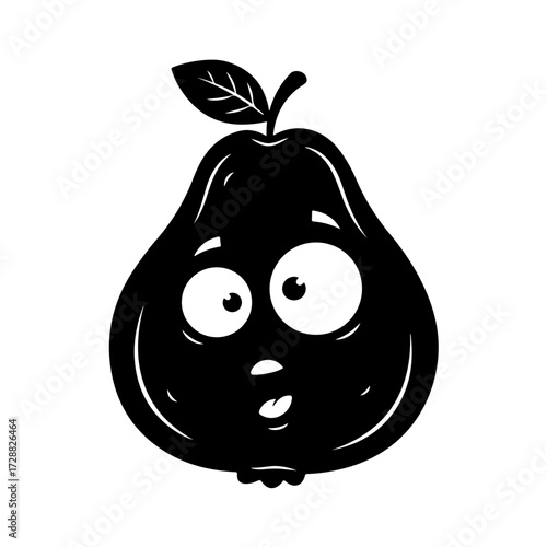 Minimalist Monochrome Guava Character Vector, Black and White Comic Fruit Design Element, Simple Guava with Wide Eyes Graphic.