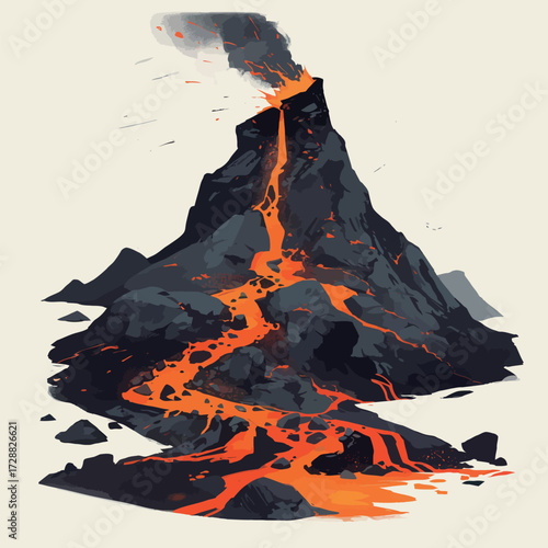 A powerful volcano erupts, releasing streams of bright orange lava flowing down its rocky slopes. Dark smoke billows into the sky, creating a striking scene.