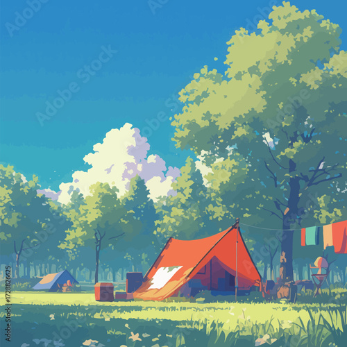 Two tents are set up in a lush green forest as fluffy clouds drift overhead. Clothes hang on a line, adding color to this peaceful outdoor setting.