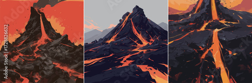 A powerful volcanic eruption sends lava cascading down the slopes. Thick clouds of smoke billow from the volcano amidst a fiery landscape.