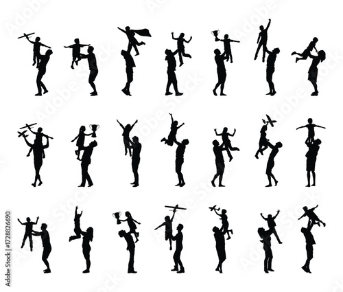 Group of man and woman holding and lifting up boy and girl in the air black silhouette set collection. Mom and dad lifting kids up vector illustration black silhouettes.