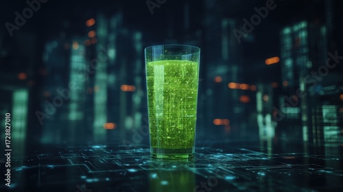 Glowing green liquid with circuit board pattern in a glass futuristic cityscape background