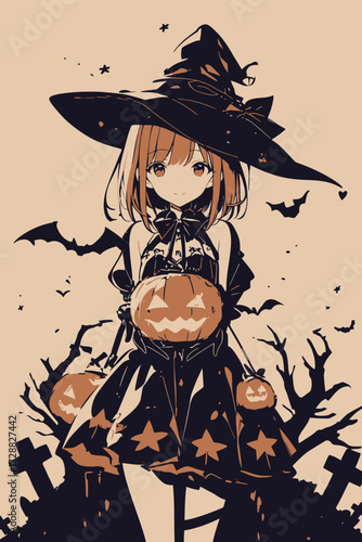 A young girl dressed as a witch stands holding a pumpkin. Bats and bare trees surround her in the eerie Halloween atmosphere. Her costume features stars and she looks playful.