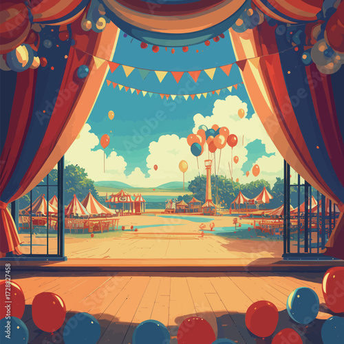 A vibrant carnival setting unfolds with colorful tents and balloons near a peaceful waterfront. Bright decorations create a festive atmosphere under a clear blue sky.