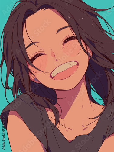A girl with long, dark hair smiles widely, showing her happiness. The bright blue background enhances her cheerful expression, adding to the lighthearted mood.
