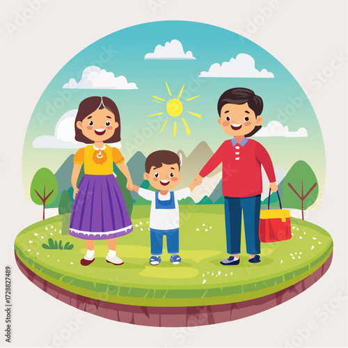 Happy family of three enjoying a sunny day outdoors, holding hands on a green hill with a picnic basket, cartoon illustration.