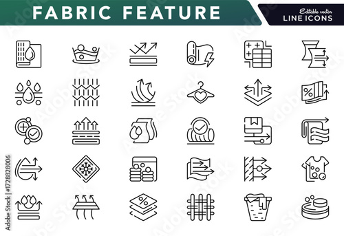 Fabric Feature line icon set. Waterproof, breathable, elastic, antistatic, knitting, eco-friendly, antibacterial, insulation, softness, vector outline icon pack. Editable stroke icons.
