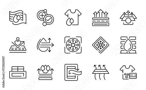 Fabric Feature line icon set. Elastic, antistatic, Eco-friendly, insulation, waterproof, breathable, antibacterial, softness line icon Collection. Ui thin line icon pack.